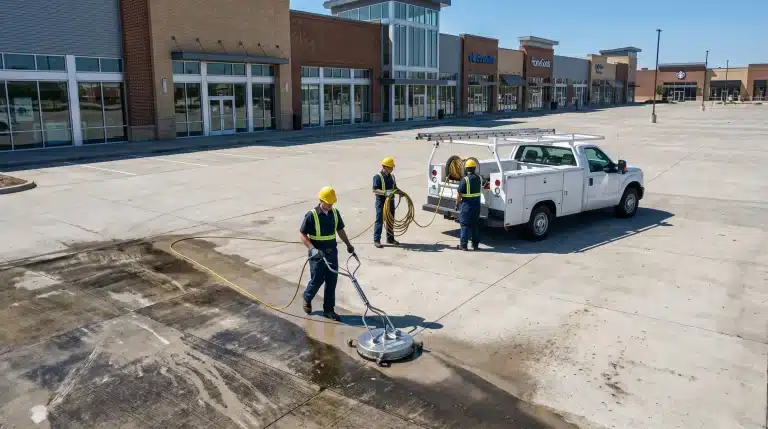 Workers pressure washing empty shopping center parking lot beside white utility truck
