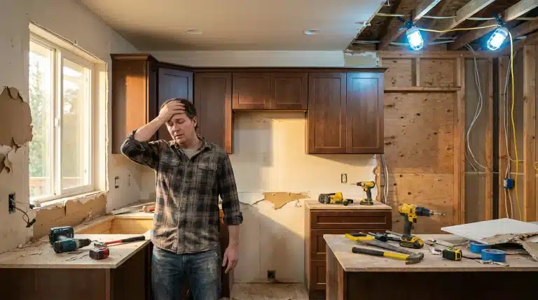 Renovation scene with stressed man holding head in demolished kitchen with tools and cabinetry
