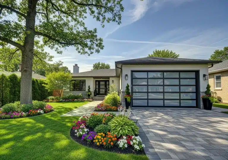 Modern house with glass garage door and landscaped front yard featuring colorful flowers and green lawn