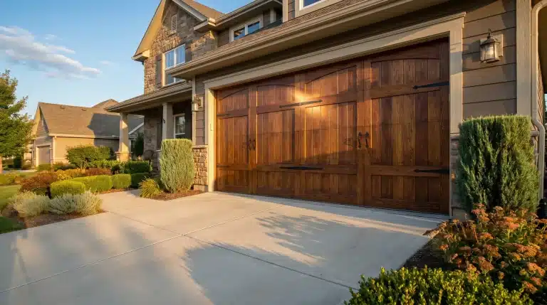 Wooden garage door and manicured shrubs in suburban residential driveway under warm evening light