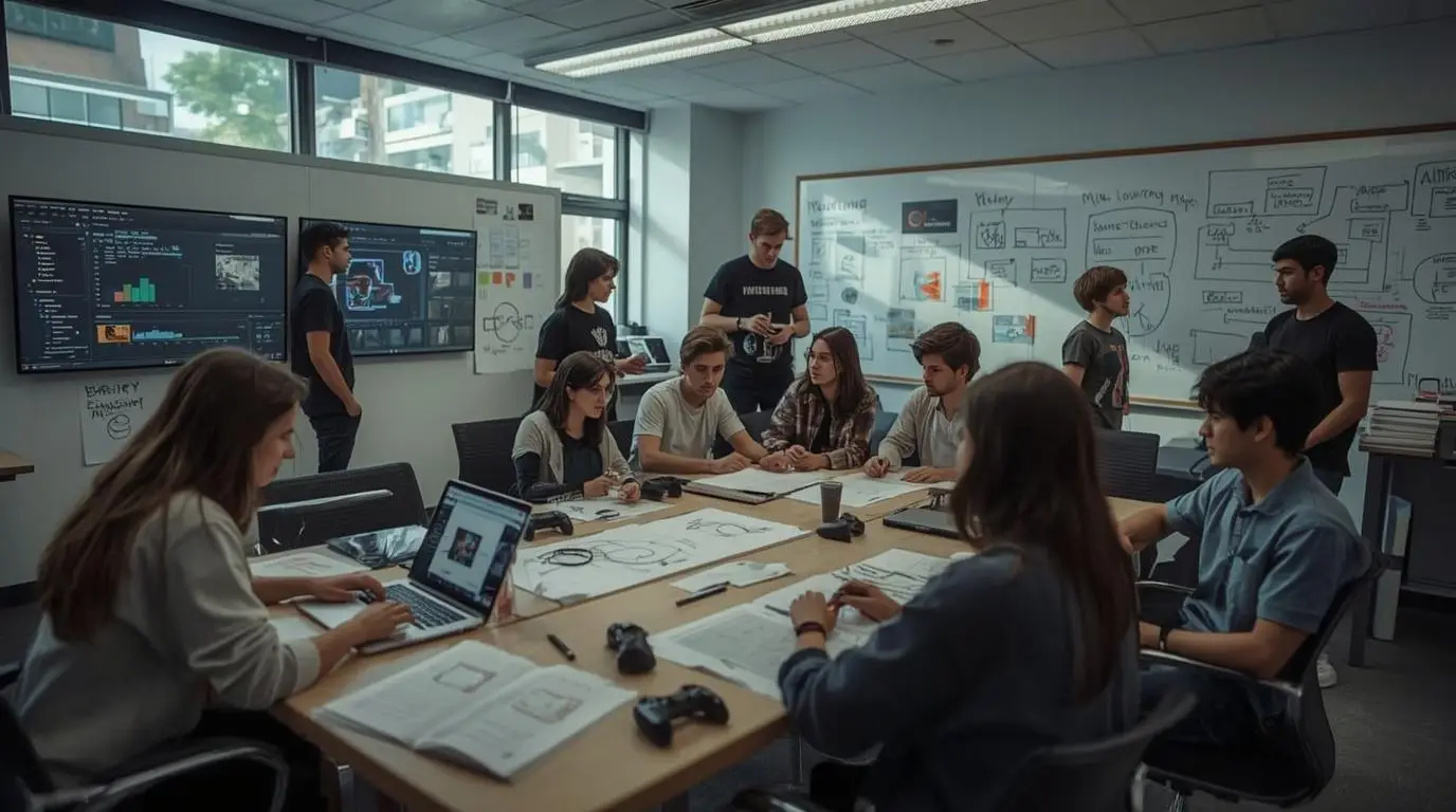 Team collaborating in conference room with laptops and whiteboards filled with diagrams