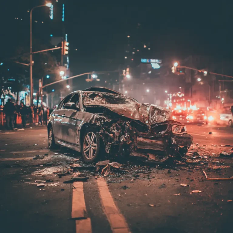 Damaged car at night in city with street lights and debris scattered on road