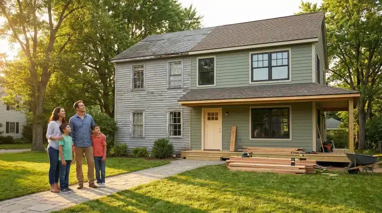 Family standing on pathway outside partially renovated suburban house in sunny yard