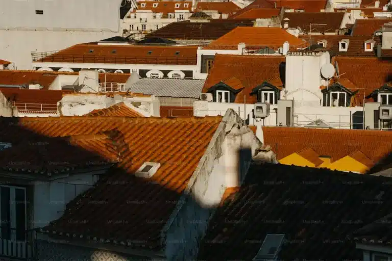 Rooftops with terracotta tiles in bright sunlight and shadows, urban landscape setting
