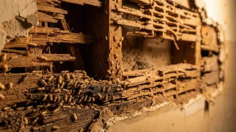Damaged wooden structure infested with termites in a dimly lit environment