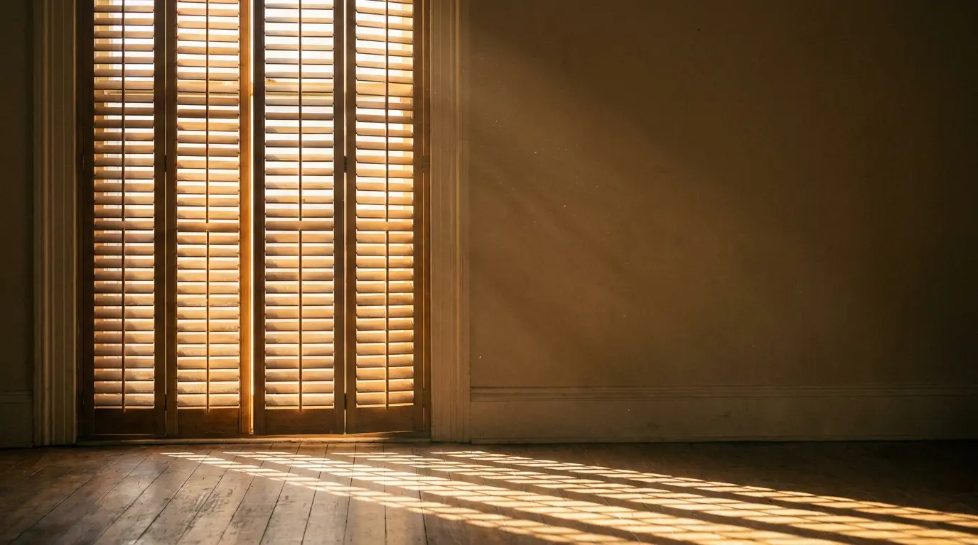 Sunlight streaming through wooden blinds onto hardwood floor in a dimly lit room