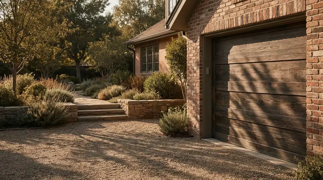 Brick house entrance with wooden garage door surrounded by lush garden landscaping in soft sunlight