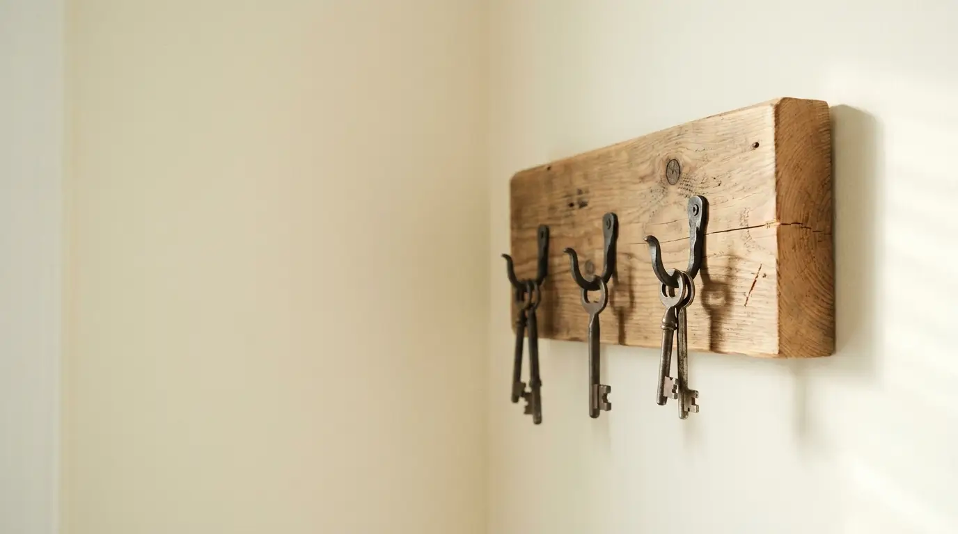 Rustic wooden key rack with three vintage keys hanging on cream wall