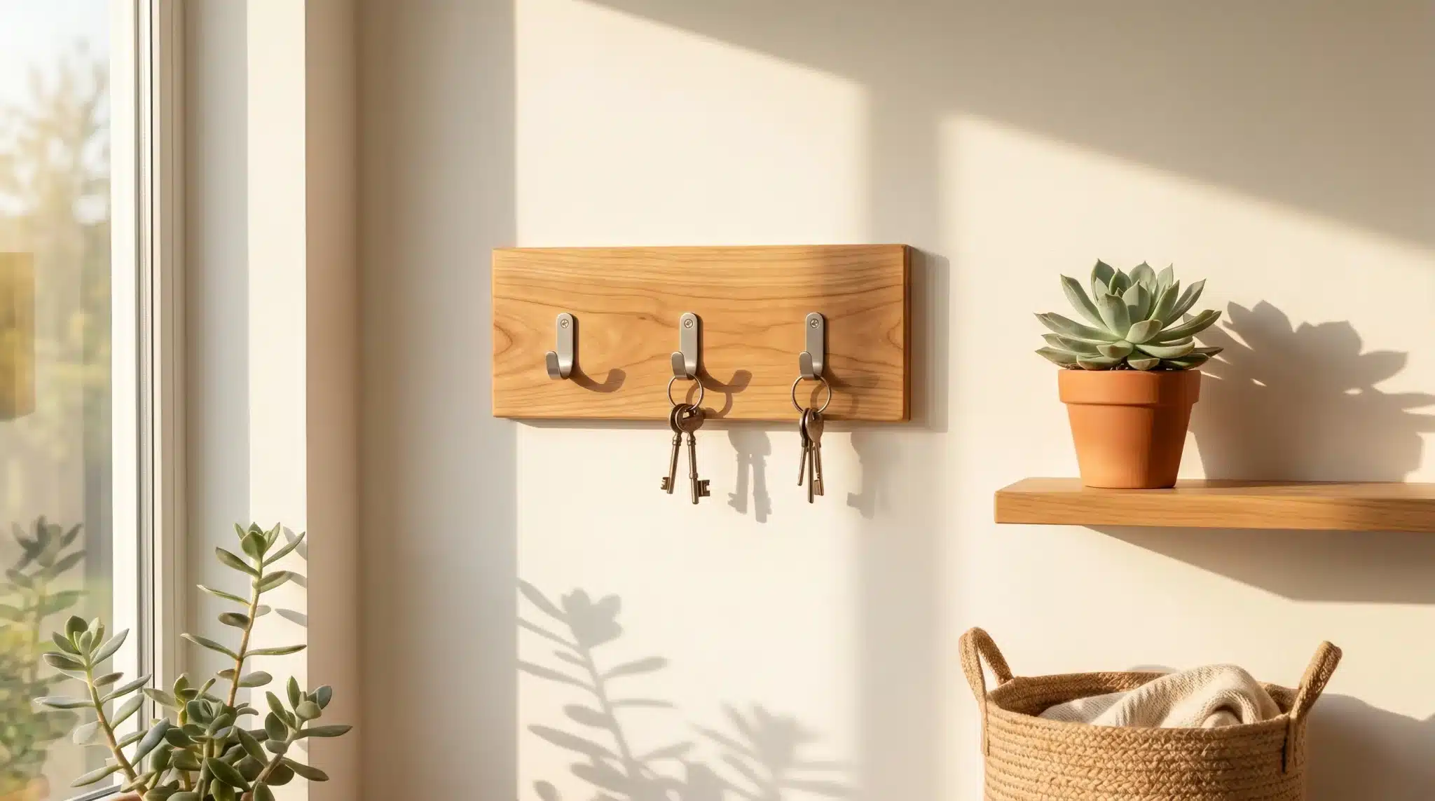 Wooden key rack with hanging keys next to potted succulents on shelf in bright entryway