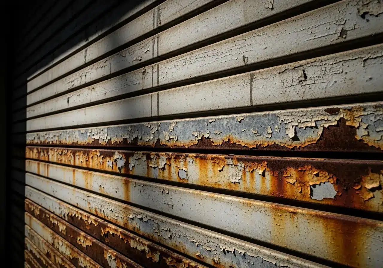Rusted metal garage door with peeling paint under harsh sunlight