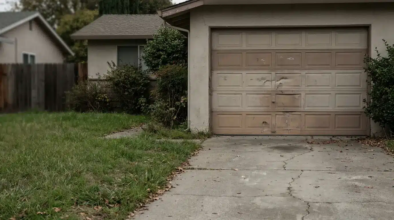 Weathered garage door in suburban setting with overgrown grass and cracked driveway
