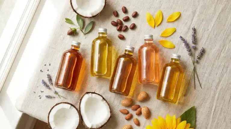 Bottles of essential oils surrounded by coconuts, almonds, and lavender on linen fabric