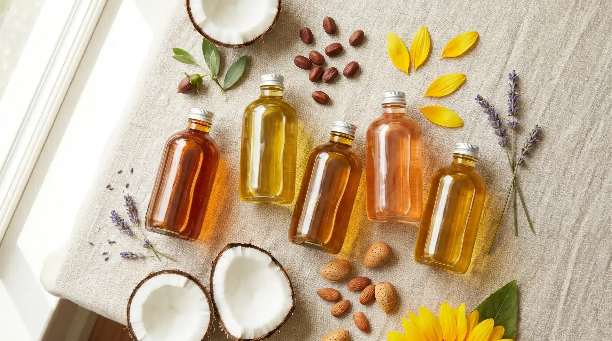 Bottles of essential oils surrounded by coconuts, almonds, and lavender on linen fabric