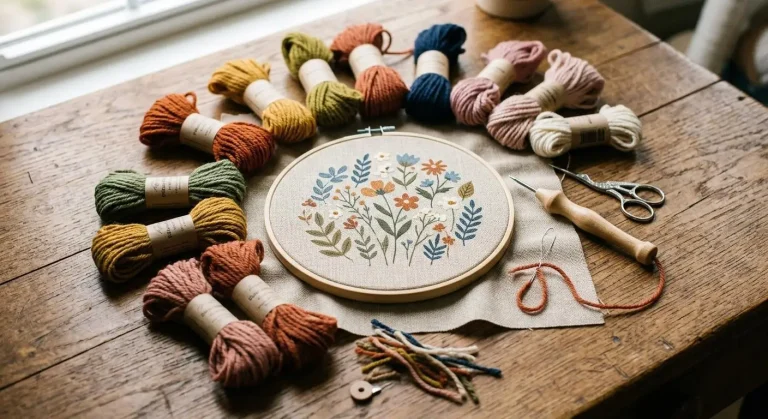Embroidery hoop with floral design surrounded by colorful yarn on wooden table