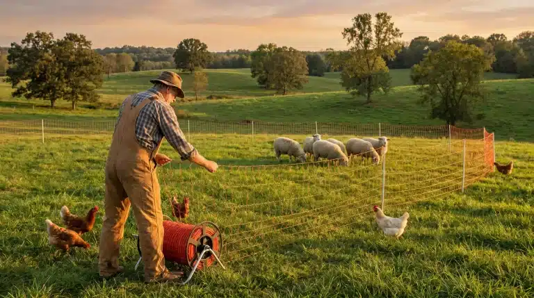 Farmer setting up electric fence on grassy pasture with sheep and chickens at sunset