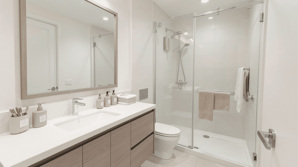 A clean and organized bathroom with a tidy sink, mirror, and shower area.