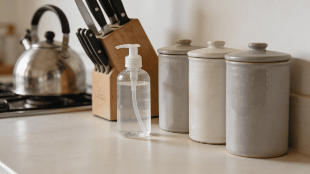 A clean kitchen countertop with a kettle, knife block, and three canisters.