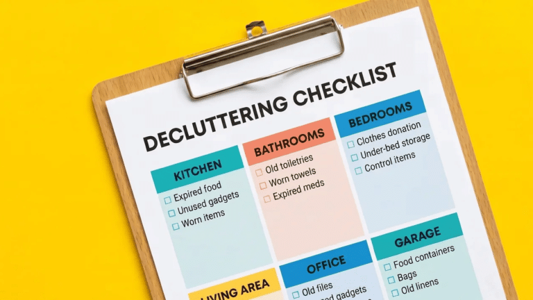 A decluttering checklist on a clipboard with sections for kitchen, bathrooms, bedrooms, living area, office, and garage, with checkboxes.