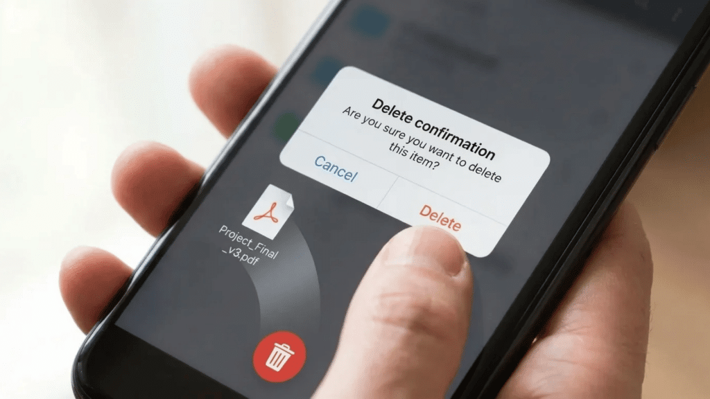 A smartphone screen showing a delete confirmation prompt for a file, with the option to cancel or delete.