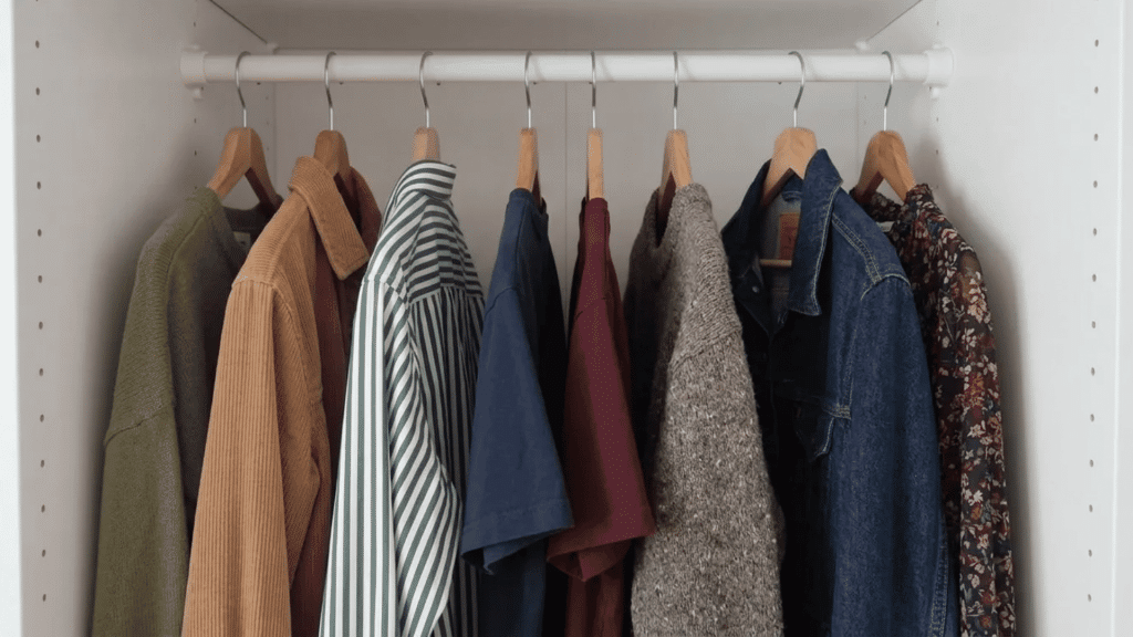 A tidy closet with neatly hung shirts and jackets.