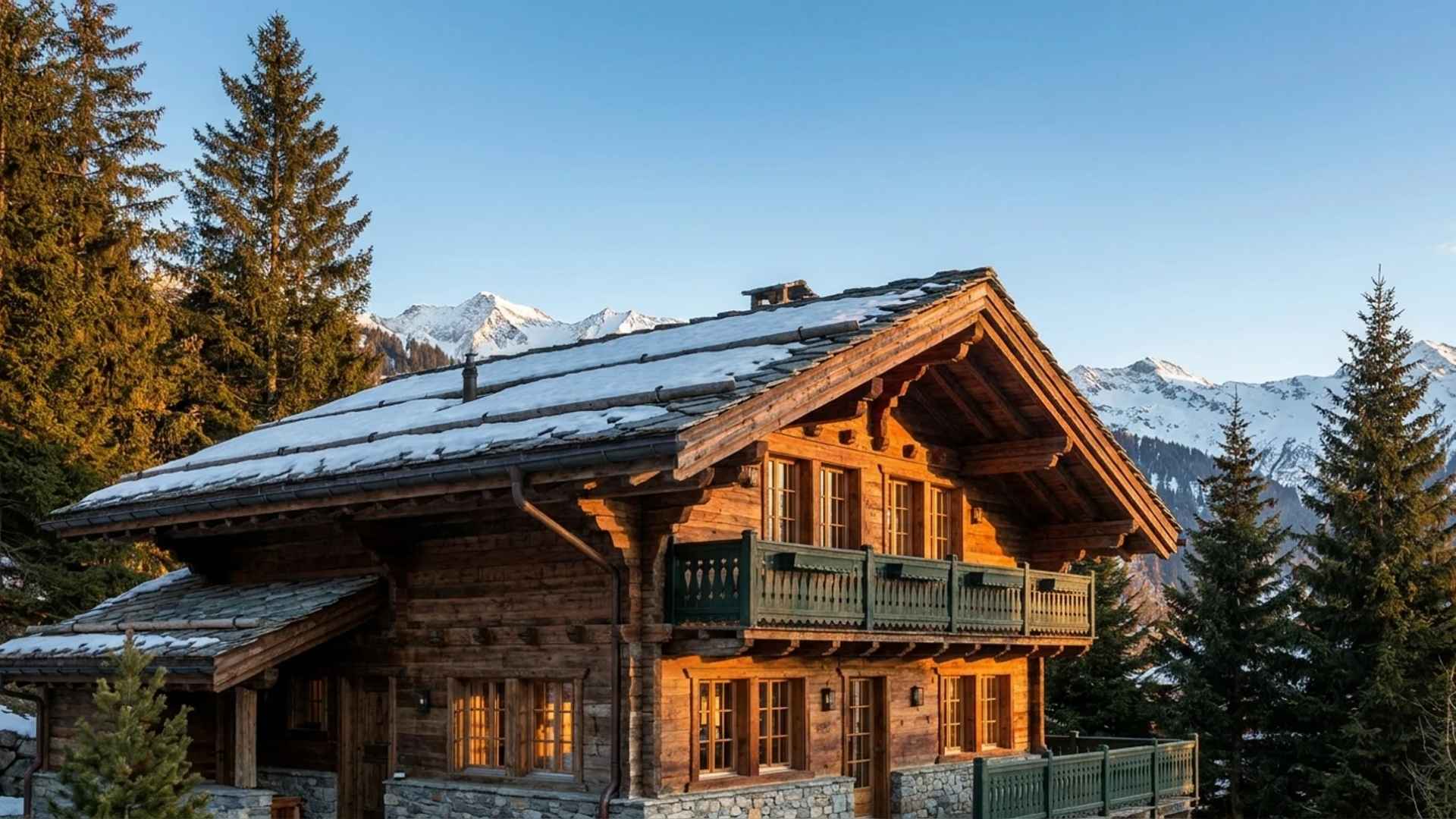 Alpine chalet with green balconies, timber construction, snow on roof, and mountains in the background.