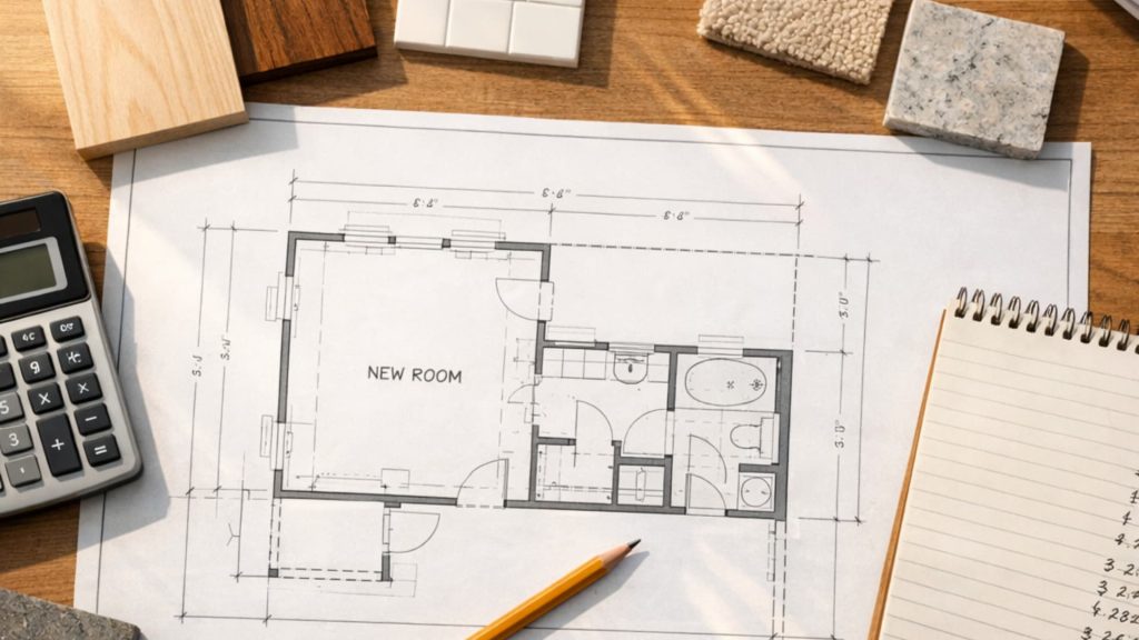 Architectural floor plan for a new room addition with measurements, shown alongside a calculator, pencil, material samples, and a notepad.