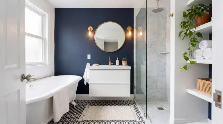 Bathroom decor ideas with navy accent wall, brass mirror, clawfoot tub, geometric floor tiles, and glass shower panel.