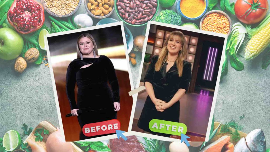 Before and after photos of Kelly's weight loss, surrounded by healthy foods like vegetables, nuts, and grains.