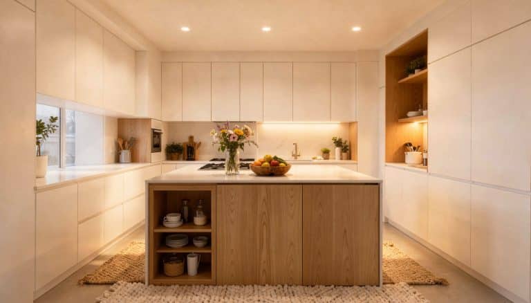 Bright minimalist kitchen with warm wood island, hidden storage, and soft ambient lighting.