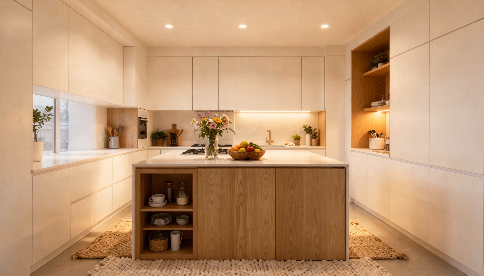 Bright minimalist kitchen with warm wood island, hidden storage, and soft ambient lighting.