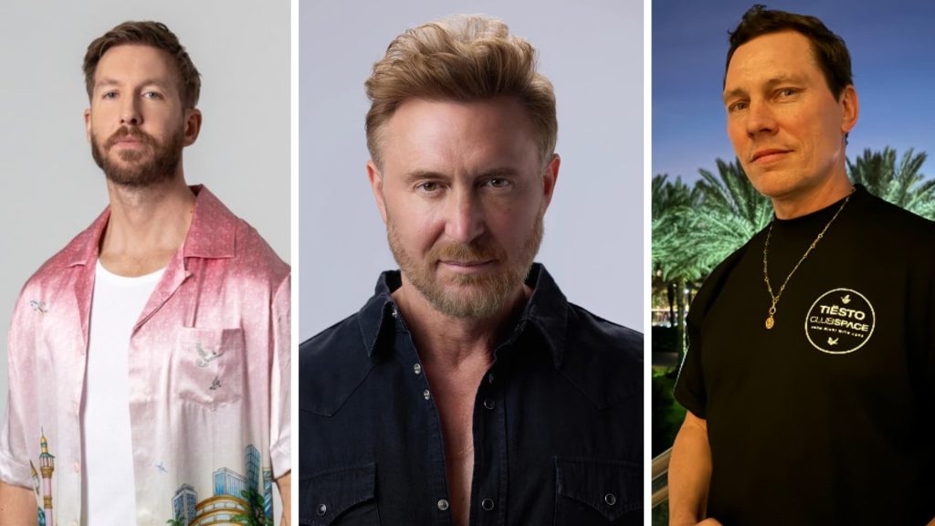 Calvin Harris, David Guetta, and Tiësto are shown side by side, representing top DJs often compared with Steve Aoki’s net worth.