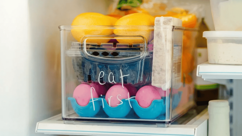 Clear fridge bin labeled “eat first” holding lemons, berries, eggs, and snack items inside a neatly organized refrigerator shelf.