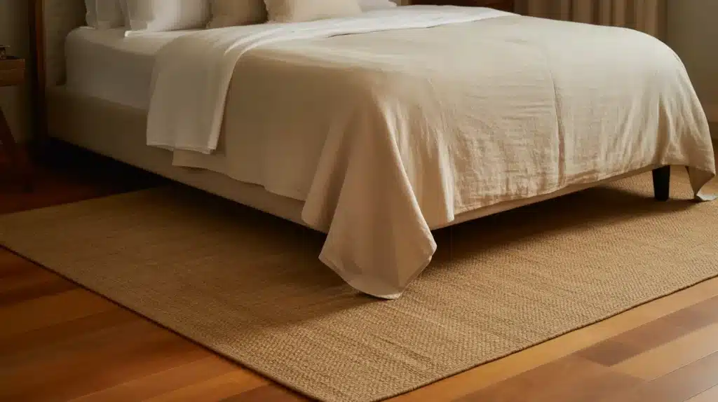 Close-up of a queen bed with a 6x9 rug placed underneath, extending beyond the sides and foot on hardwood flooring.