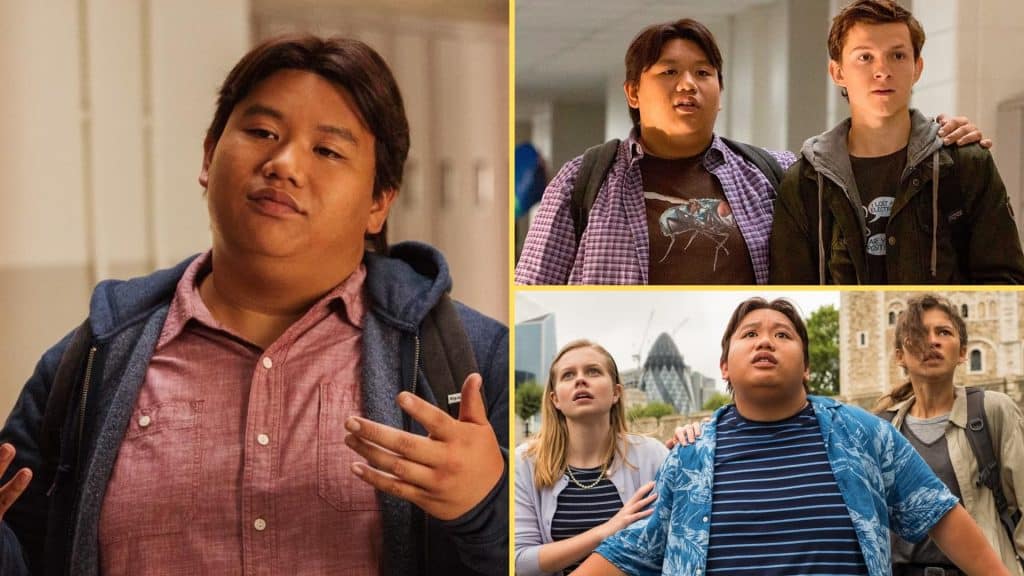 Collage of Jacob Batalon in Spider-Man scenes, featuring solo and group moments with co-stars in school and action settings.