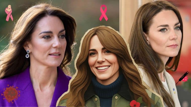 Collage of Kate Middleton featuring portraits and a central illustration, highlighting her public appearances and cancer awareness theme.