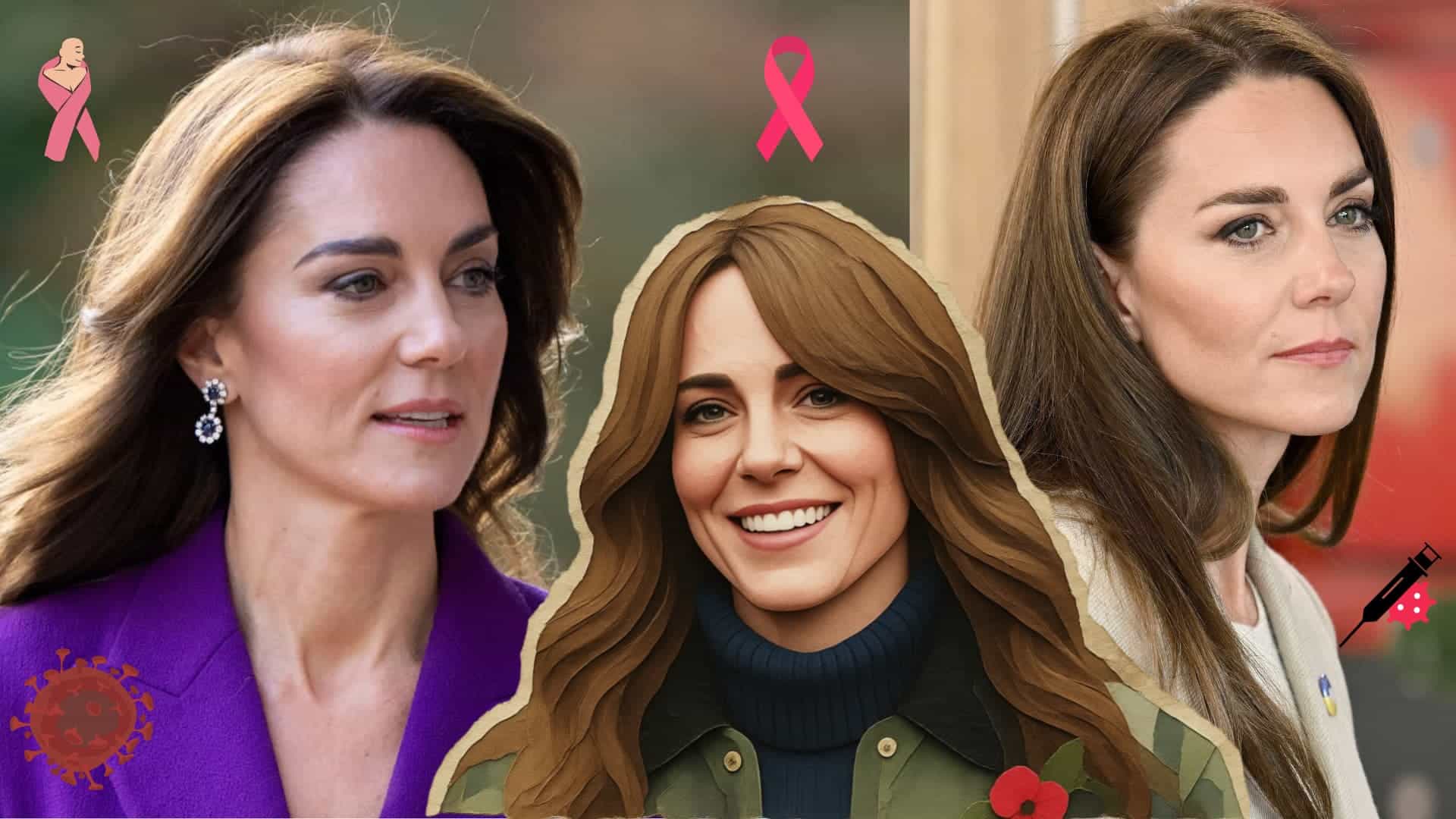 Collage of Kate Middleton featuring portraits and a central illustration, highlighting her public appearances and cancer awareness theme.