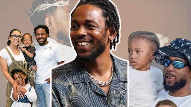 Collage of a kendrick lamar with children, featuring family moments with kids and close-up portrait in center.