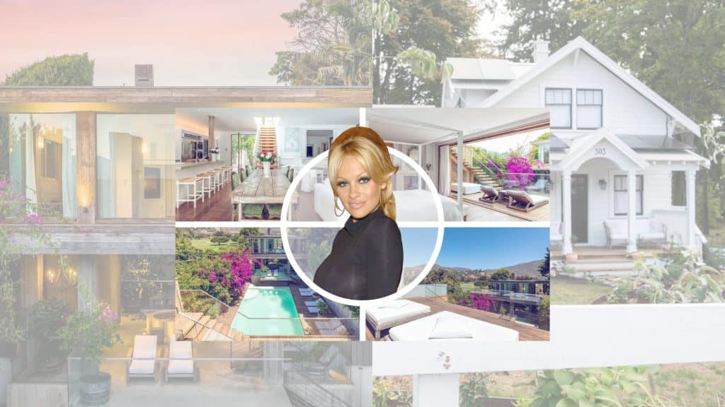 Collage of luxury homes and interiors with a Pamela Anderson centered in a circular frame, featuring a modern house, pool, open living spaces, and a white cottage in the background