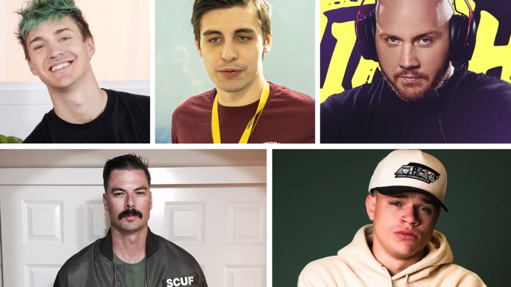 Collage of popular streamers including Ninja, Shroud, TimTheTatman, Dr. Disrespect, and Jynxzi shown in individual portrait shots.