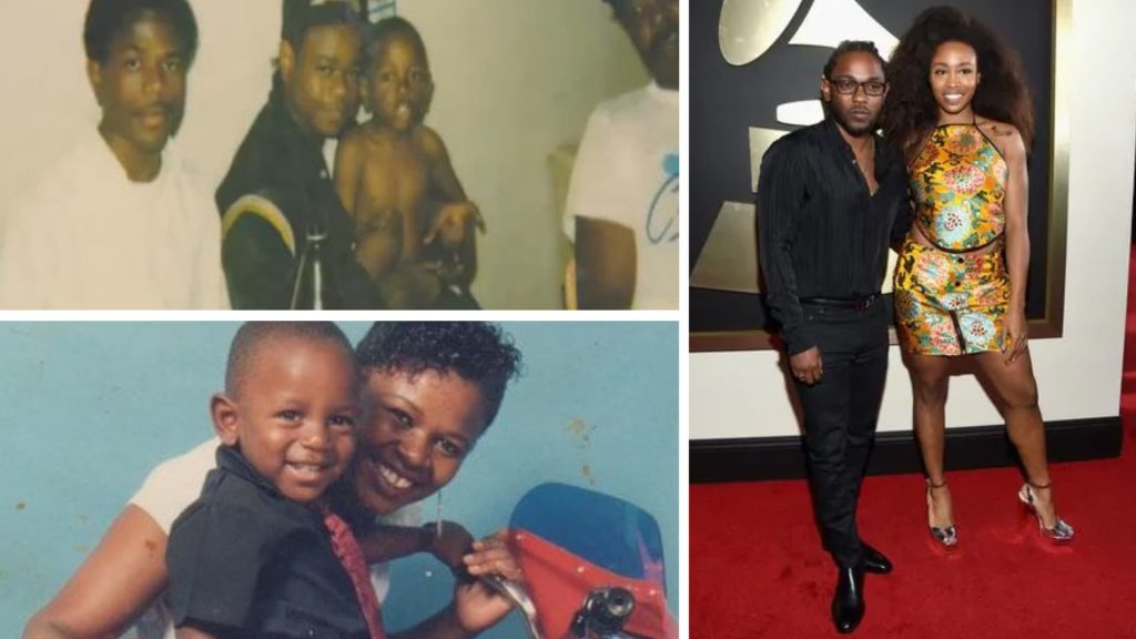 Collage showing Kendrick Lamar’s family background with childhood photos alongside a red carpet appearance with a woman.