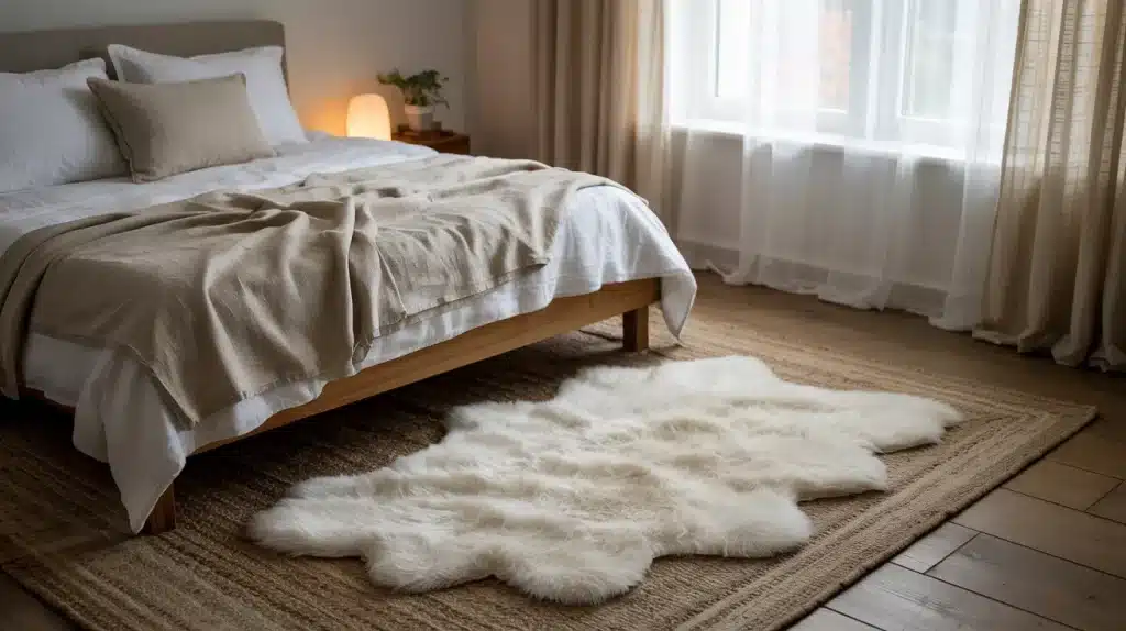 Cozy bedroom with a wooden bed, neutral bedding, and a soft white faux fur rug layered over a larger natural fiber rug on the floor.