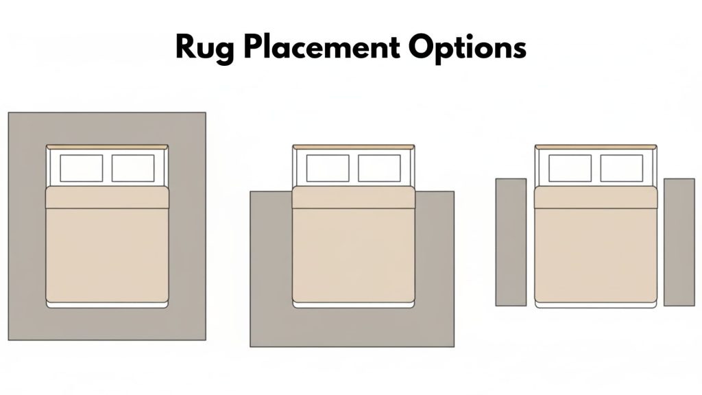 Diagram showing three rug placement options for a bed, including a large rug under the entire bed, a rug partially under the bed, and two runners on each side.