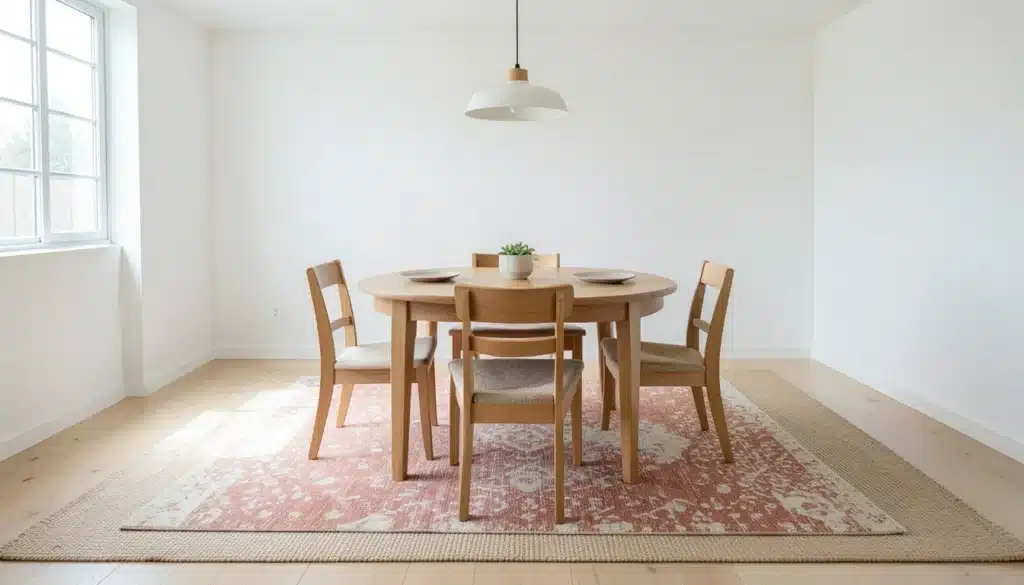 Dining area with a round wooden table and chairs, featuring a patterned rug layered over a larger natural fiber base rug beneath the setup.