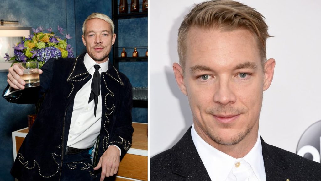 Diplo in a stylish suit holding a drink alongside a close-up portrait of him in formal attire.