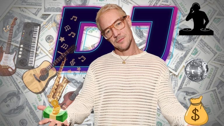 Diplo in front of a money-themed background with DJ graphics, musical instruments, and icons representing music and earnings.