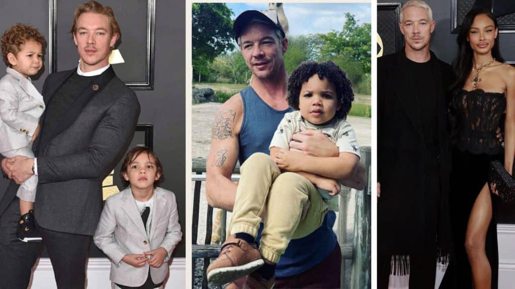 Diplo shown in different moments with children and at an event, including casual and formal appearances