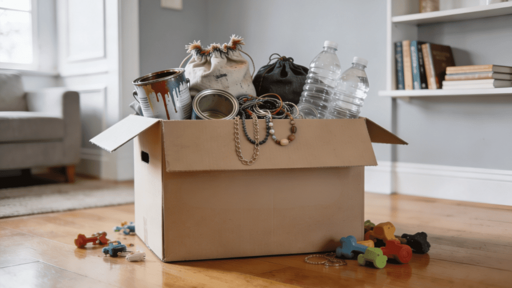 Donation box with items like paint cans, jewelry, and toys.