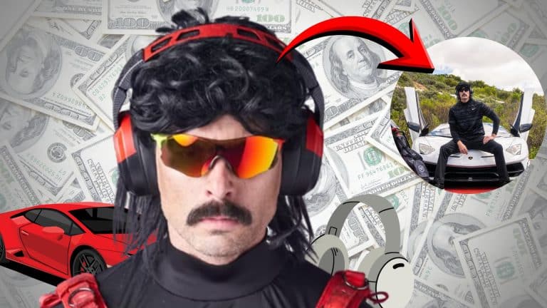 Dr Disrespect in his signature wig, mustache, headset, and sunglasses with a dollar-bill background and luxury-themed graphics.