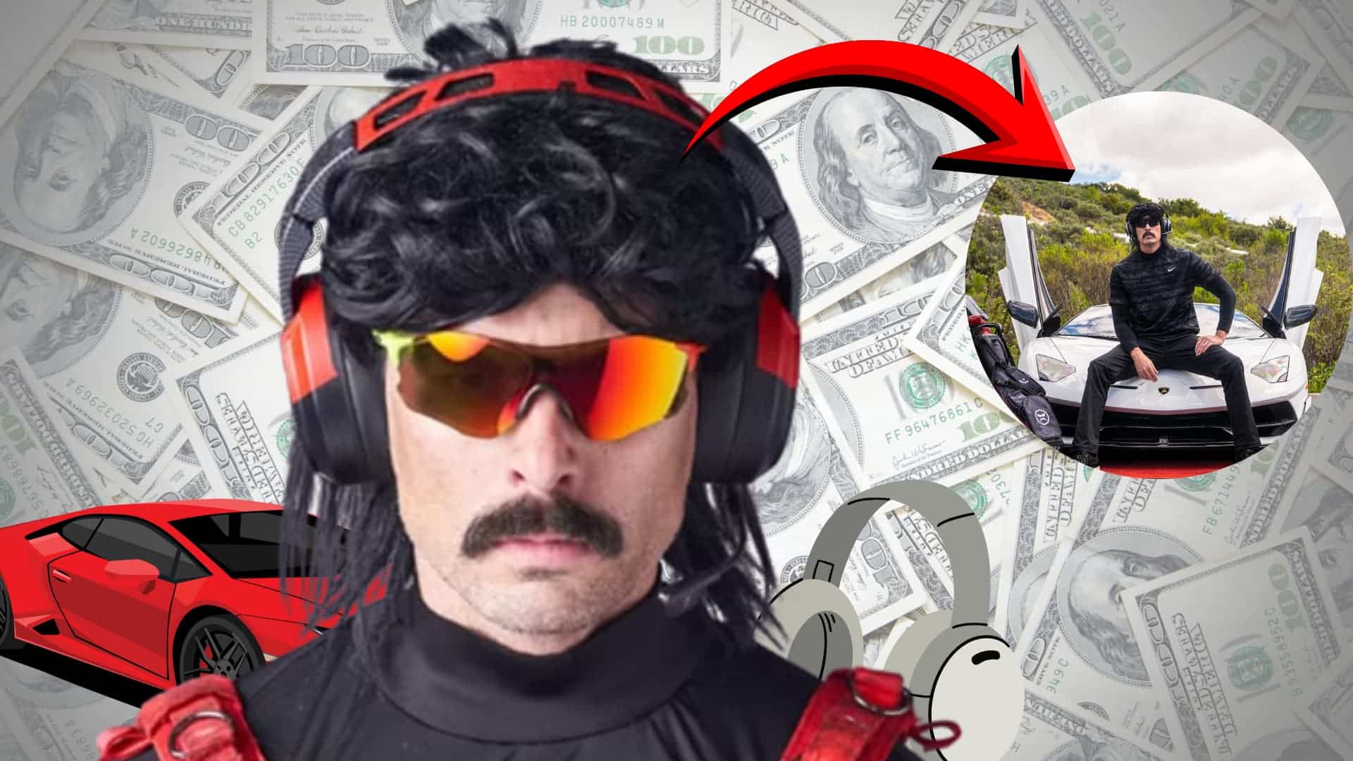 Dr Disrespect in his signature wig, mustache, headset, and sunglasses with a dollar-bill background and luxury-themed graphics.
