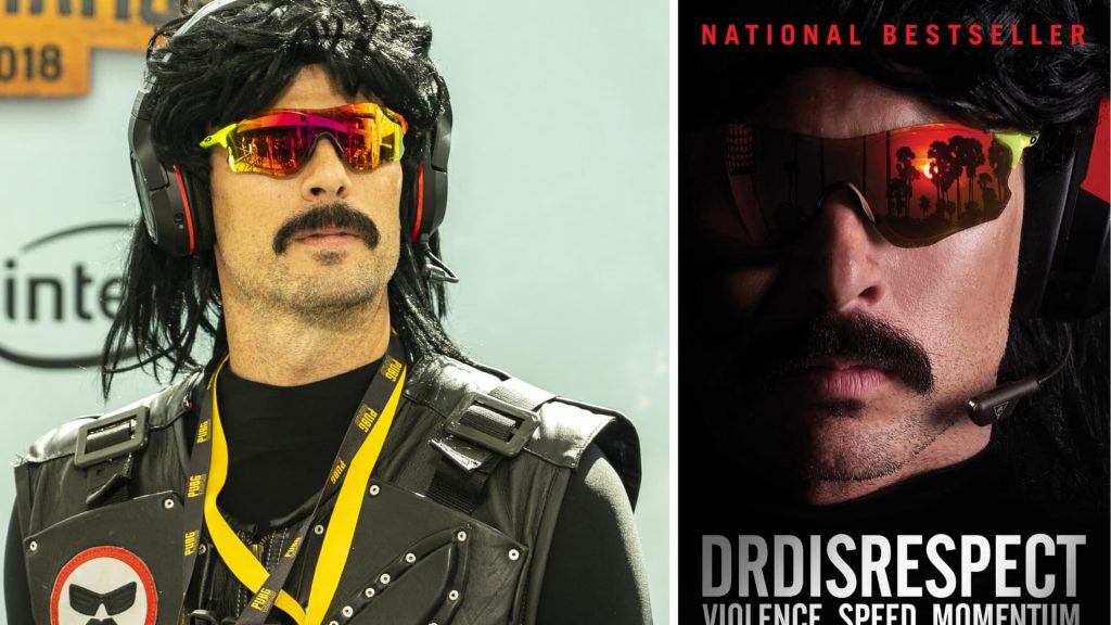Dr. Disrespect in his signature wig, mustache, headset, and red sunglasses, shown in two portraits, including a stylized poster image.